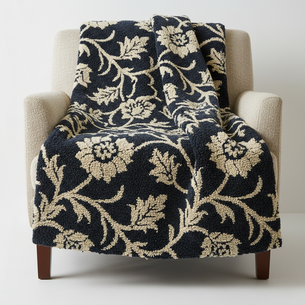 Chunky hand-woven wool throw blanket in cream and natural beige tones draped over chair