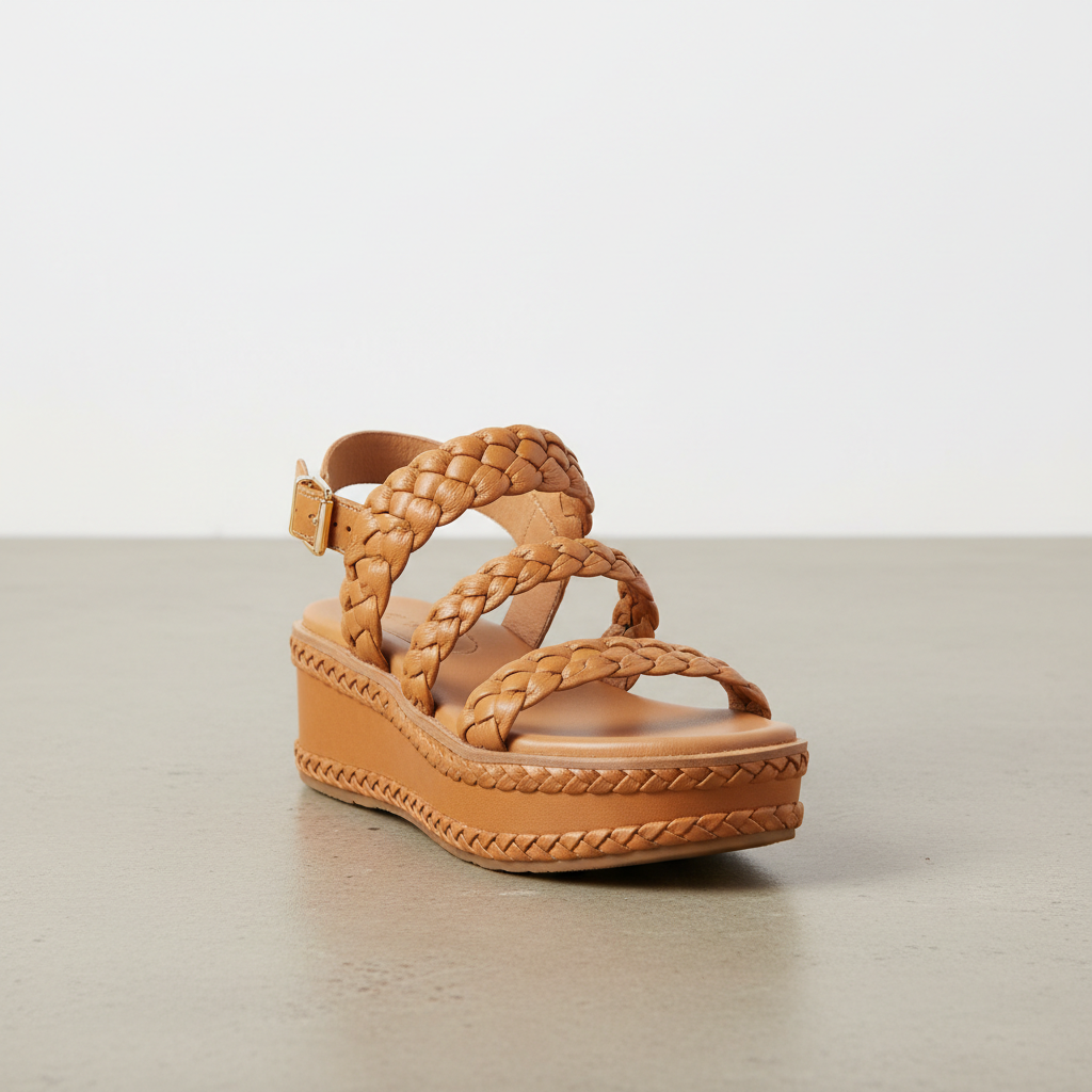 Tan leather platform sandal with ankle strap on white background