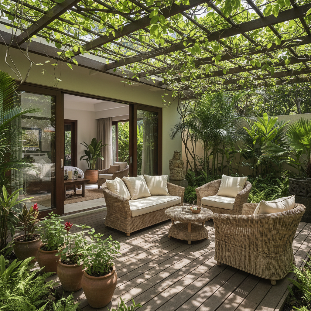 Spice Garden Room with private garden patio and wicker furniture