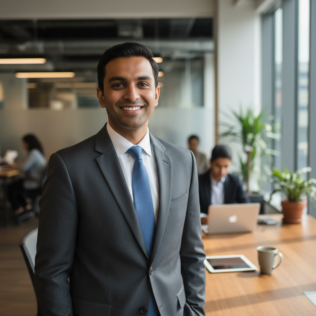 Professional Indian man in white shirt and glasses smiling at camera in office setting