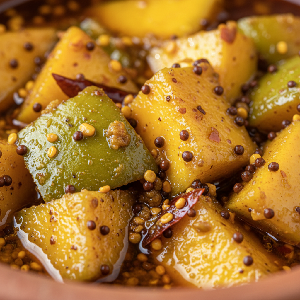 Golden raw mango pickle in a glass jar on a warm wooden surface with turmeric and mustard seeds around it