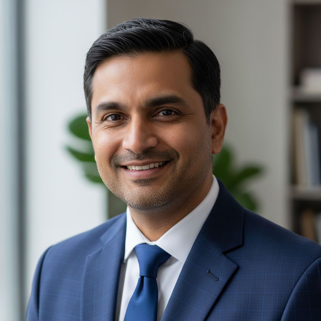 Indian man in mid-forties with short hair and warm smile