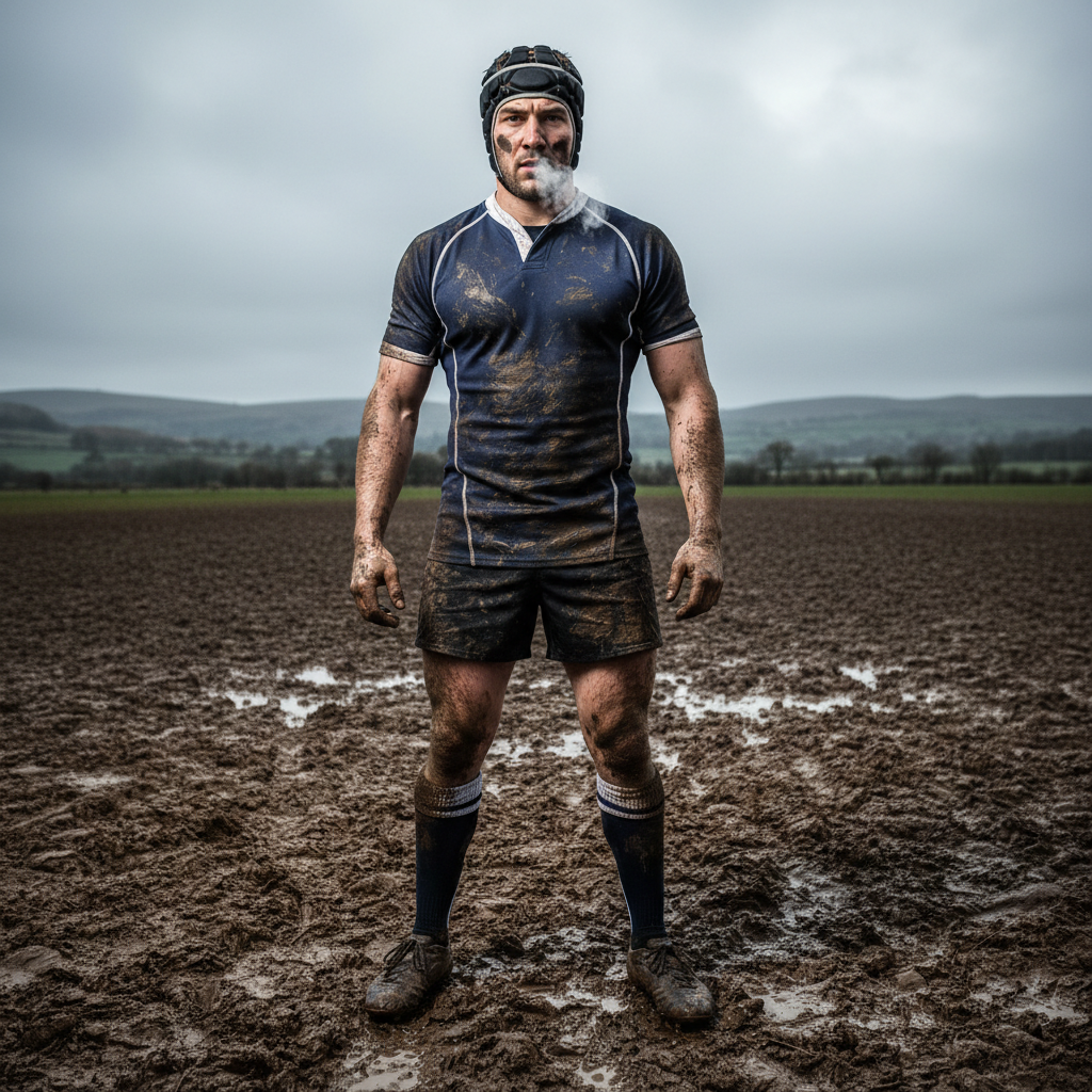 Rugby player from boot studs to headguard, mud freckling their cheekbone, breath visible in winter air, eyes locked past camera