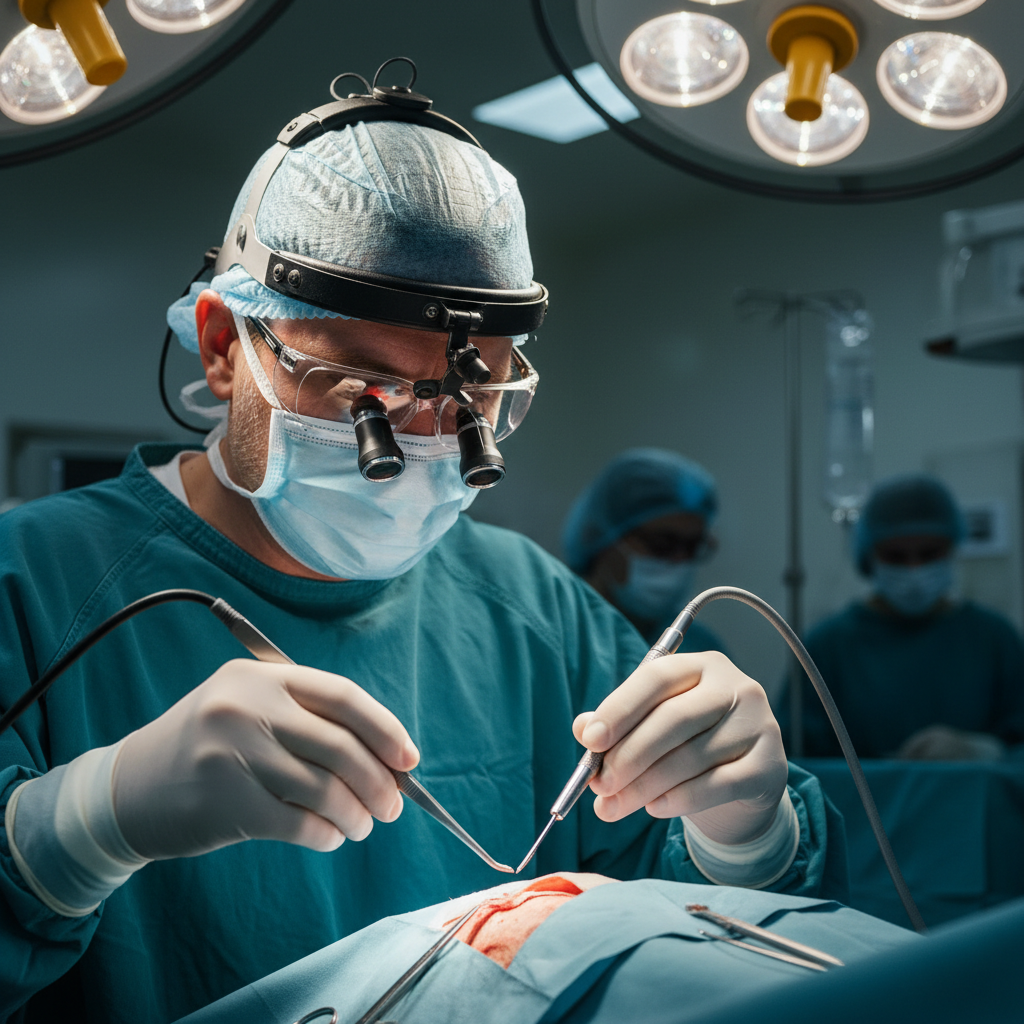 Lead orthopedic surgeon Dr. Nikos Papadakis mid-operation wearing loupes, hands steady over operating field