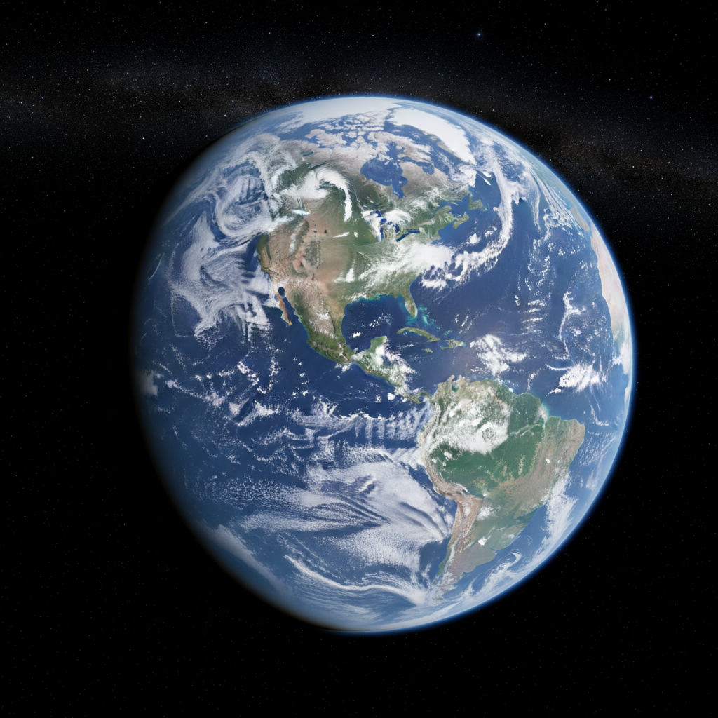 Earth from orbit bright blue oceans green landmasses with cloud patterns, well-lit daylight hemisphere, scientific satellite view