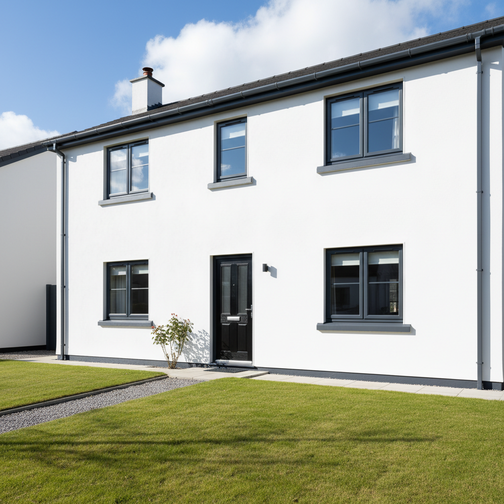 House exterior after painting. Bright white render, gloss window frames and clean fascias