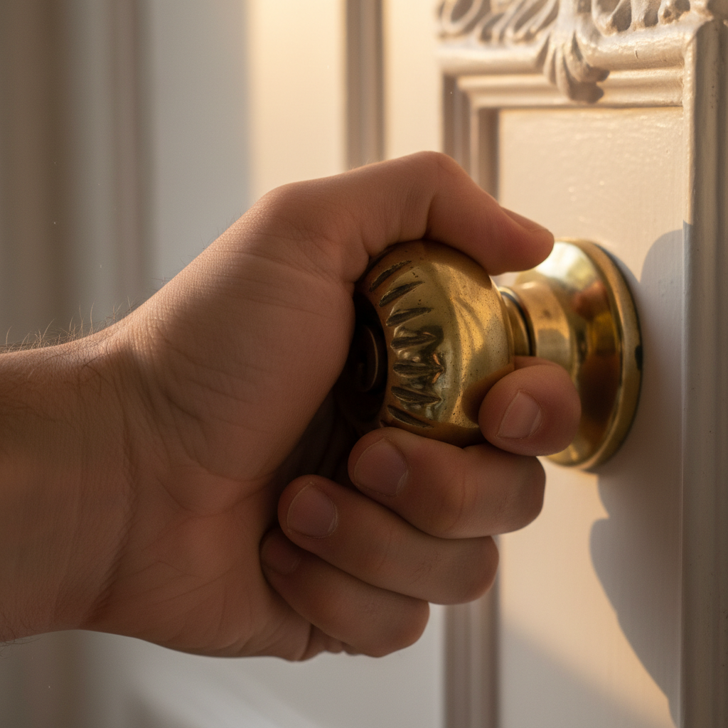 A hand tightening a brass doorknob in warm golden-hour apartment light with original crown molding in the background