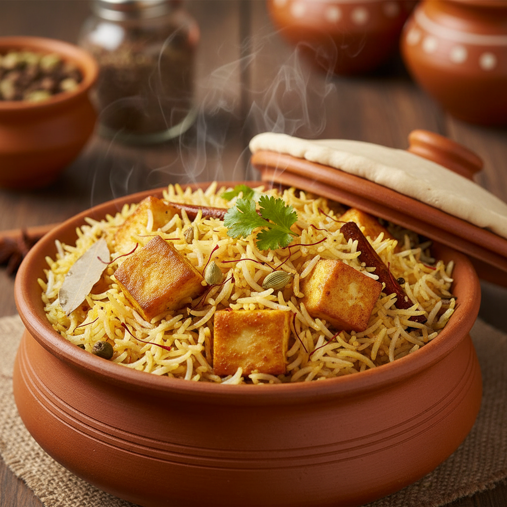 Colorful vegetable dum biryani with mixed vegetables, paneer, and aromatic saffron rice