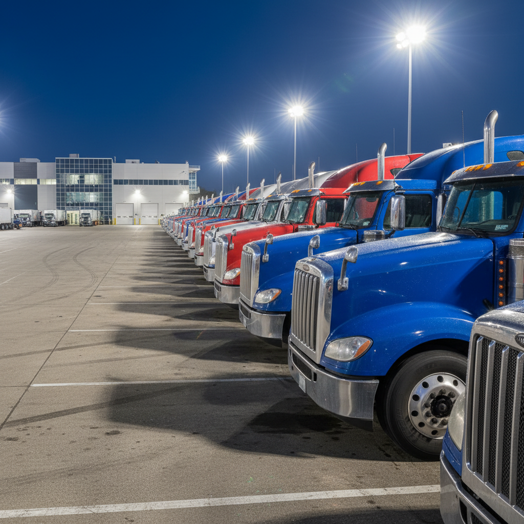 Row of heavy duty trucks in dark warehouse, industrial lighting from above, fleet vehicles