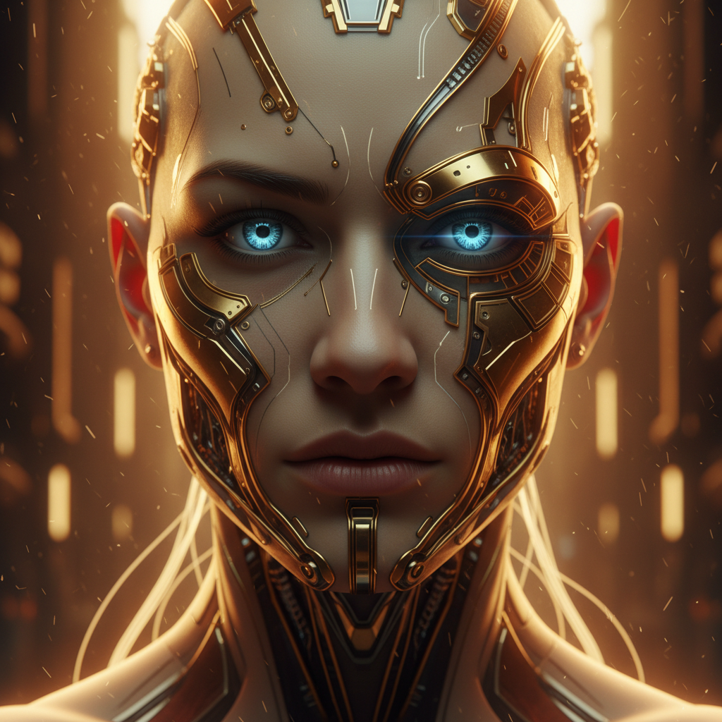 Dark cinematic digital human face with dramatic blue rim lighting in shadowed studio environment