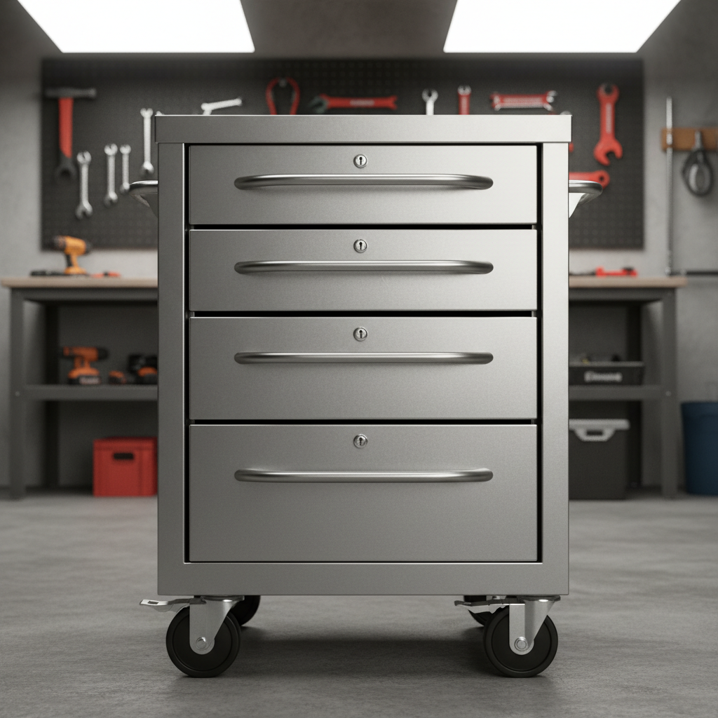Rolling steel base cabinet on lockable casters with full-extension drawers in workshop