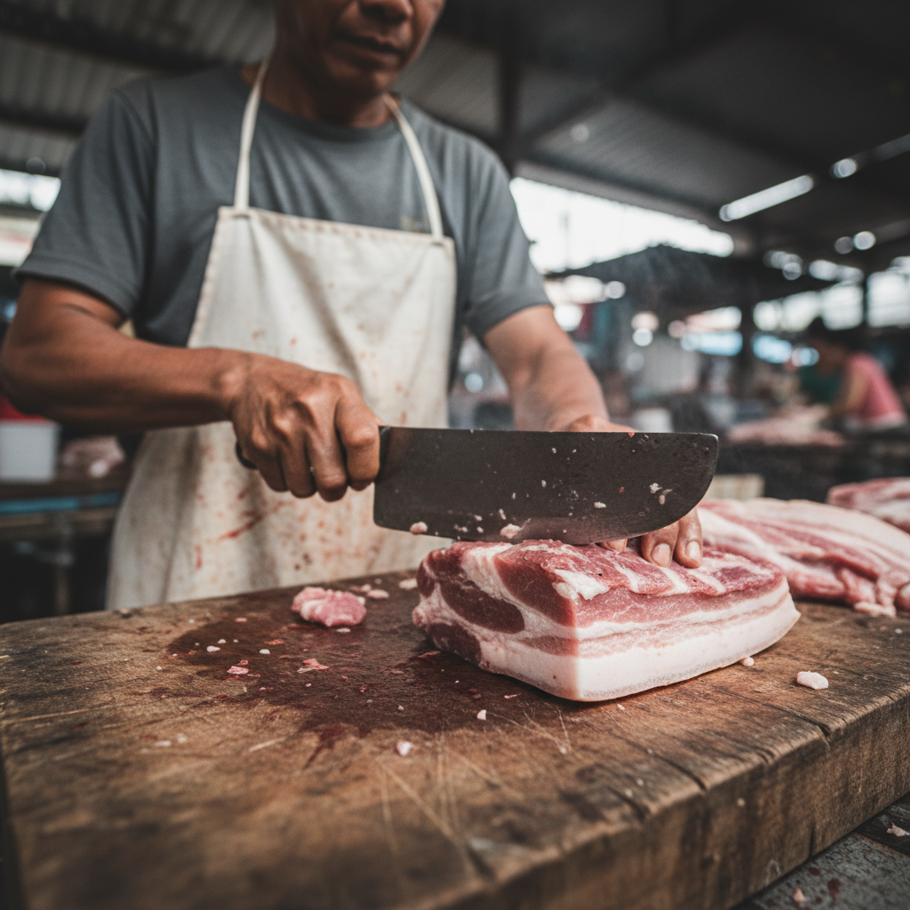 Traditional Cebuano tad-tad butcher carefully preparing fresh pork cuts on wooden cutting board in local market