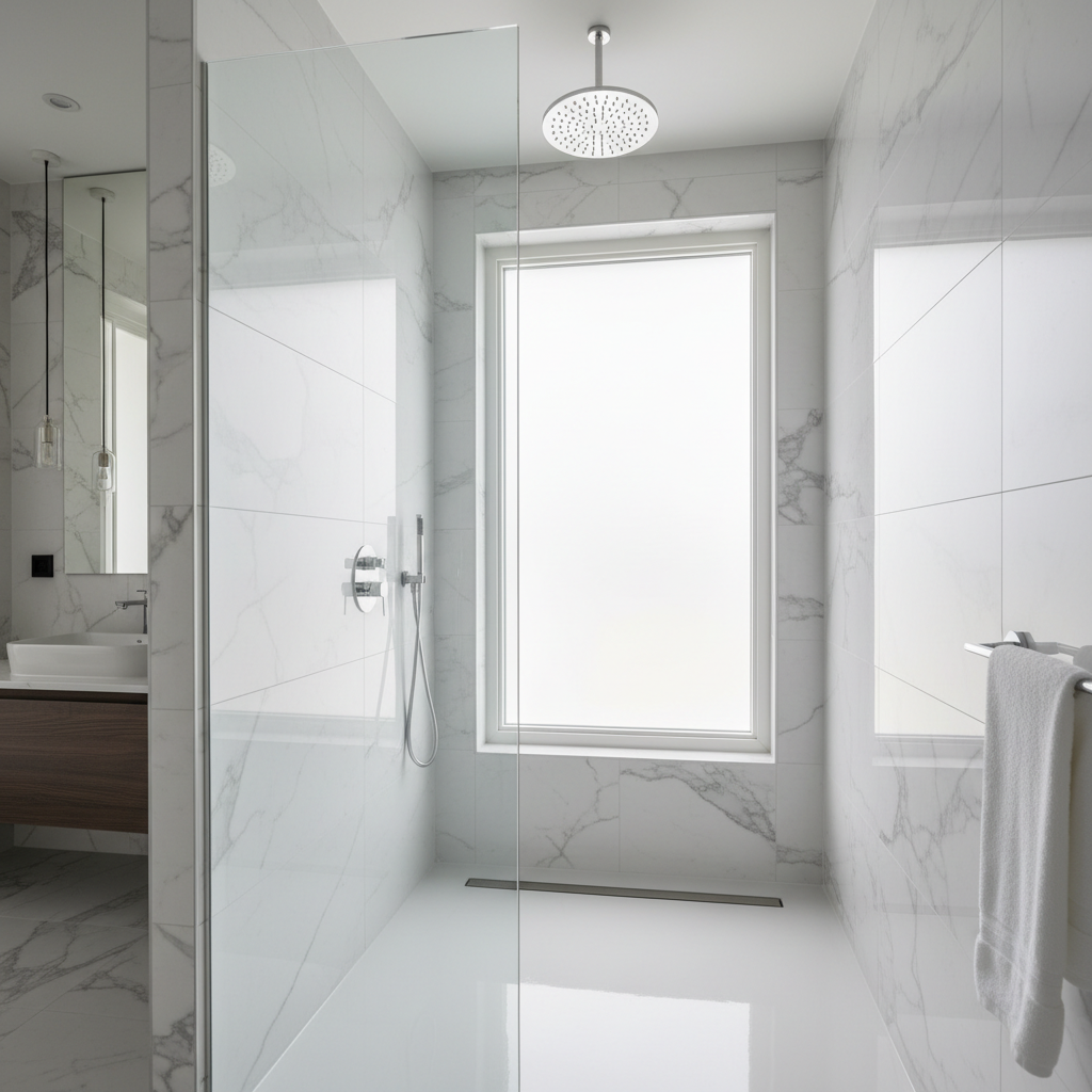 Clean modern bathroom with white tiles and rain shower