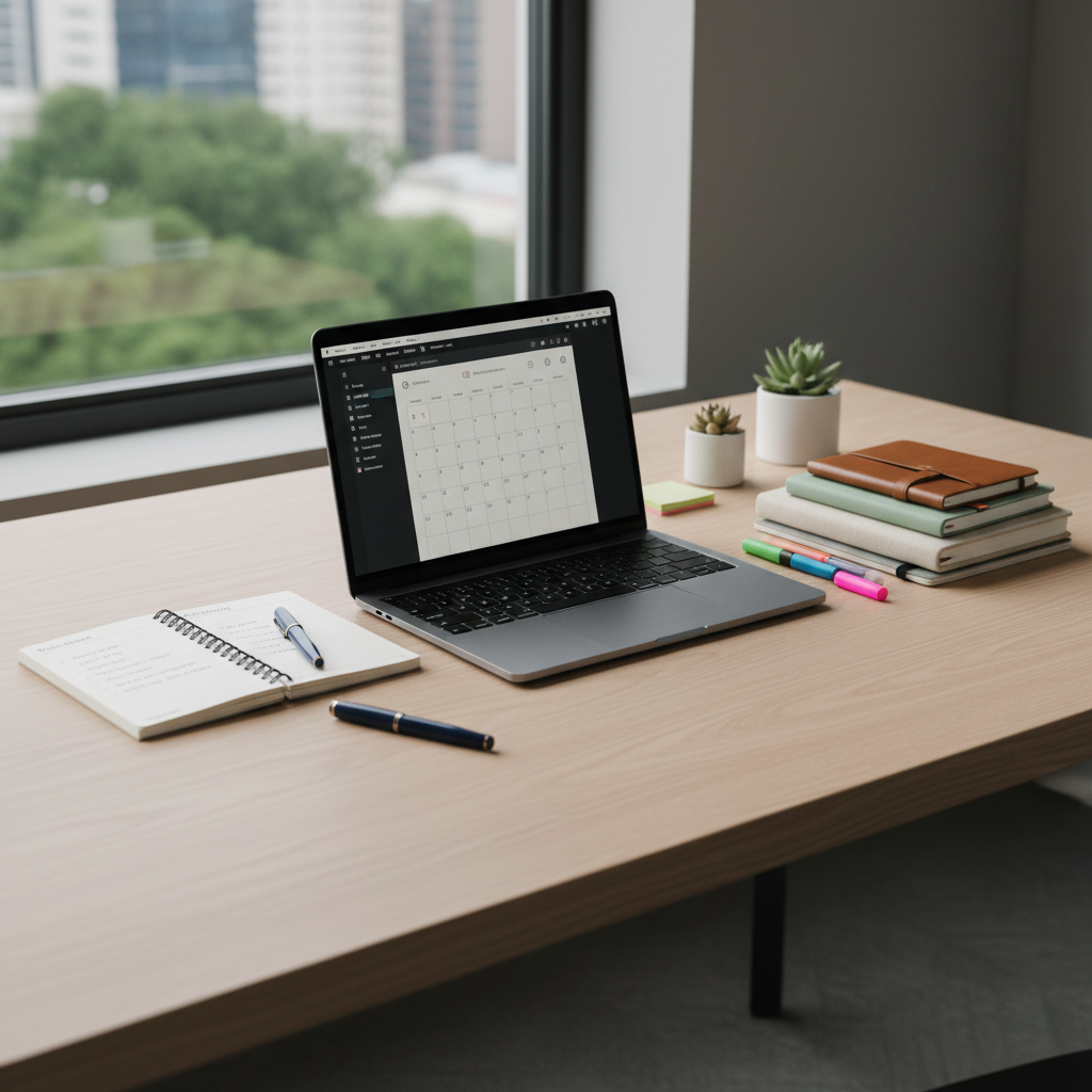 Organized folders and documents on clean white desk, structured filing system, professional workspace