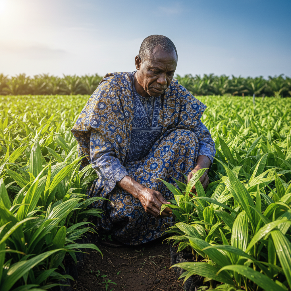 Young Nigerian man and woman working together in a sunlit green farm, examining seedlings, bright natural daylight, lush agricultural landscape