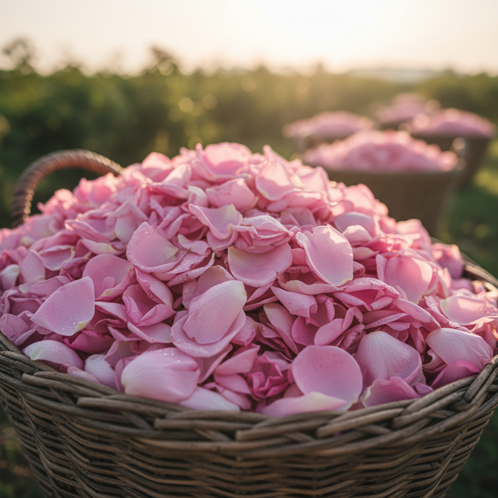 Freshly harvested pink Rose de Mai petals from Grasse fields piled in a woven basket at dawn