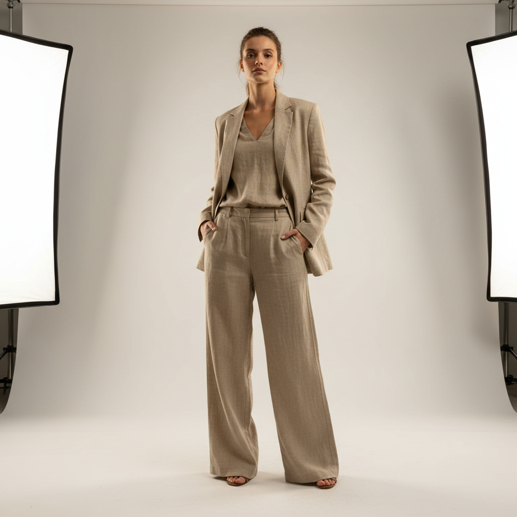 Premium linen trousers, editorial fashion shot, bright minimalist studio background