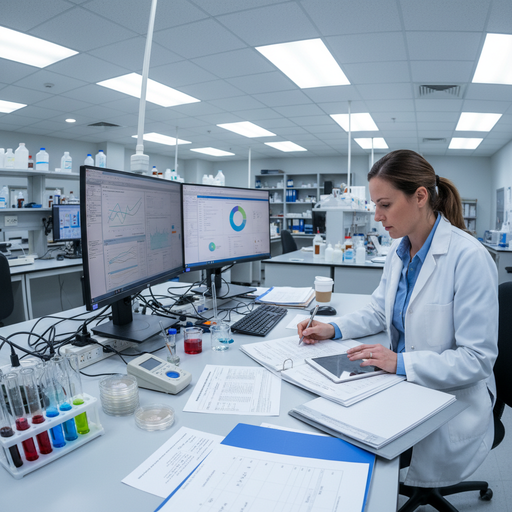 Environmental analyst reviewing water quality test results and compliance reports at a laboratory workstation
