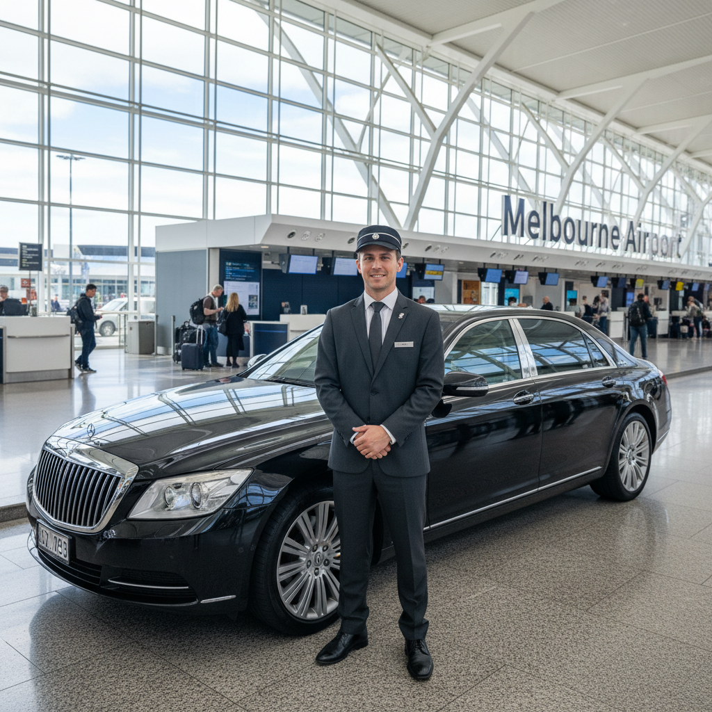 Airport transfer package — black luxury sedan at airport terminal with professional chauffeur