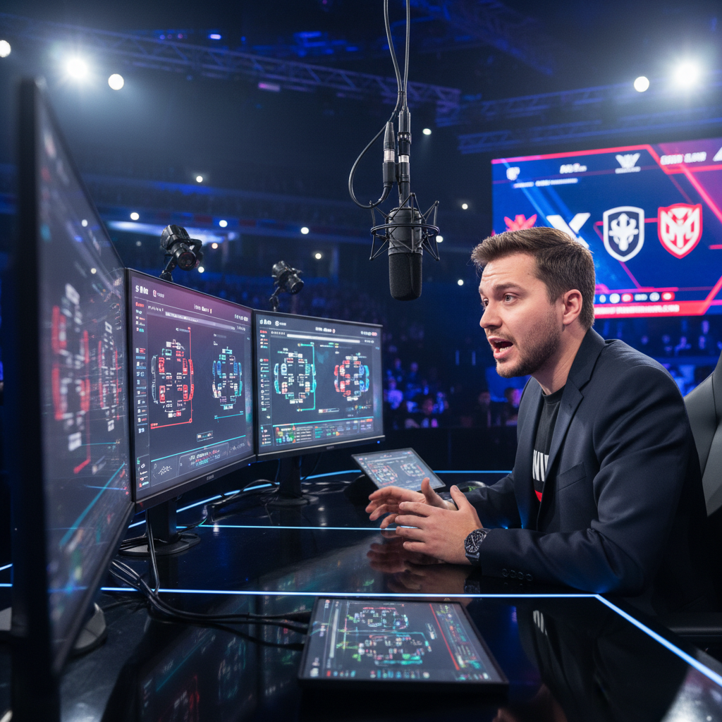 Esports commentator at a desk with tournament bracket visible on monitors