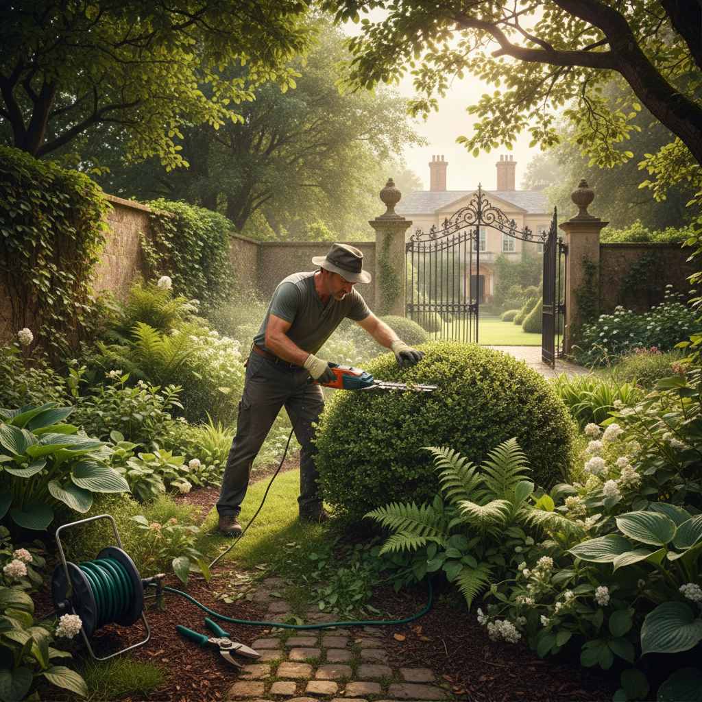 Professional landscaper trimming garden hedges, lush green shrubs, sunny afternoon