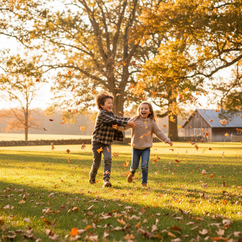Cousins running across a golden autumn lawn, leaves mid-air, one about to tackle another, laughing