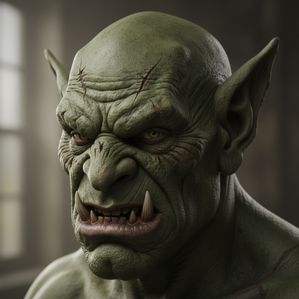 Half-orc fantasy cosplay prosthetic — tusk implants, brow ridge, textured green skin blending into natural complexion