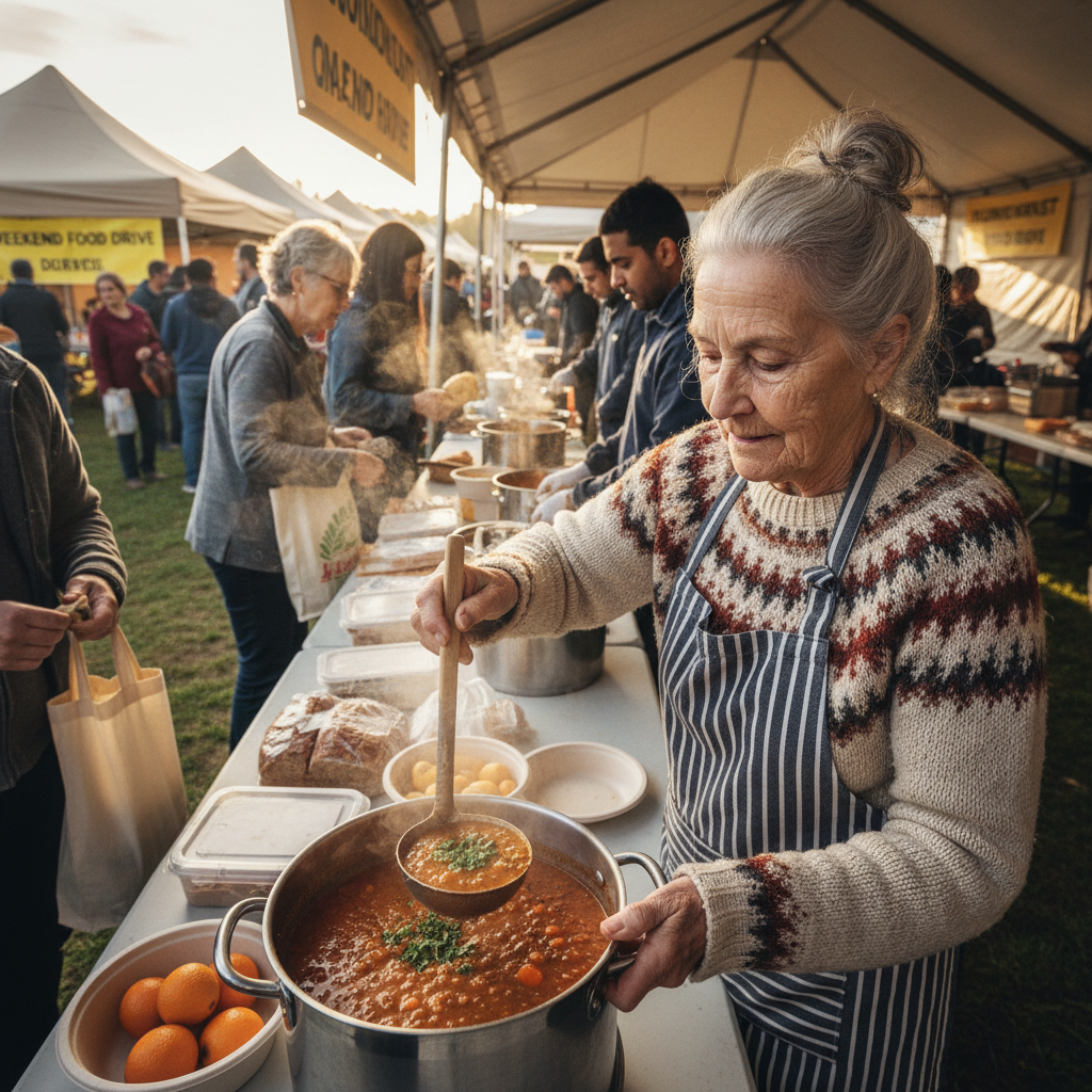 Volunteer grandmother ladling lentil soup at weekend food drive