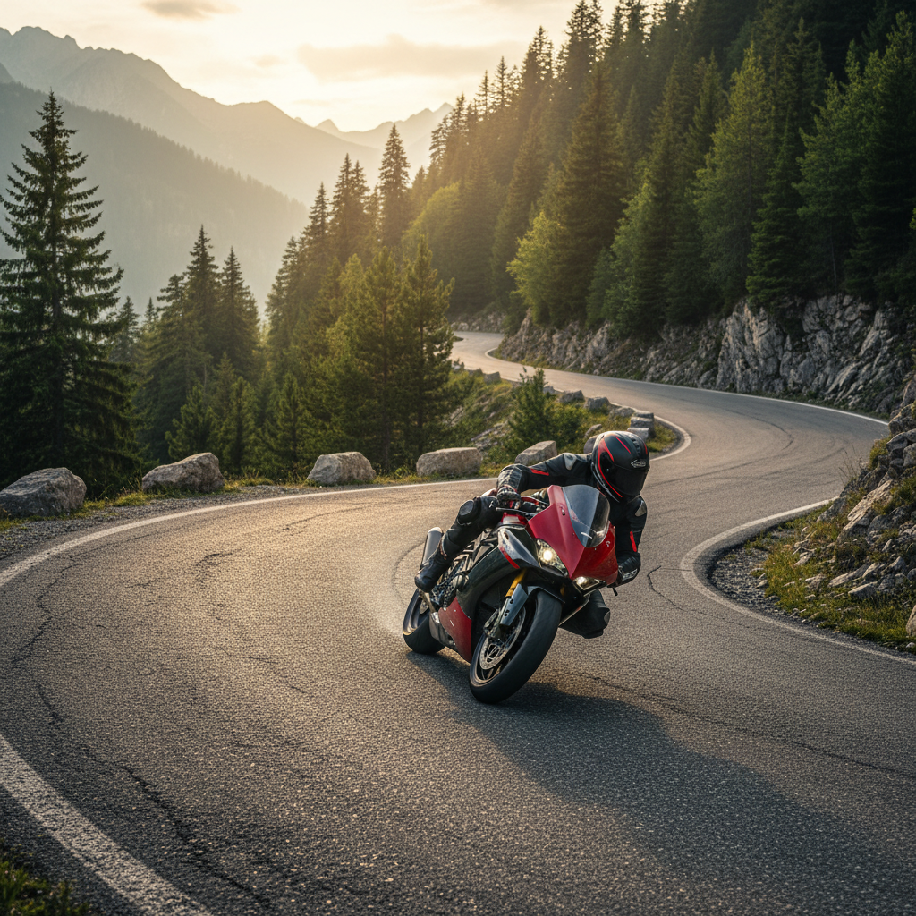 Red and black sport bike leaned into a tight corner on a mountain road