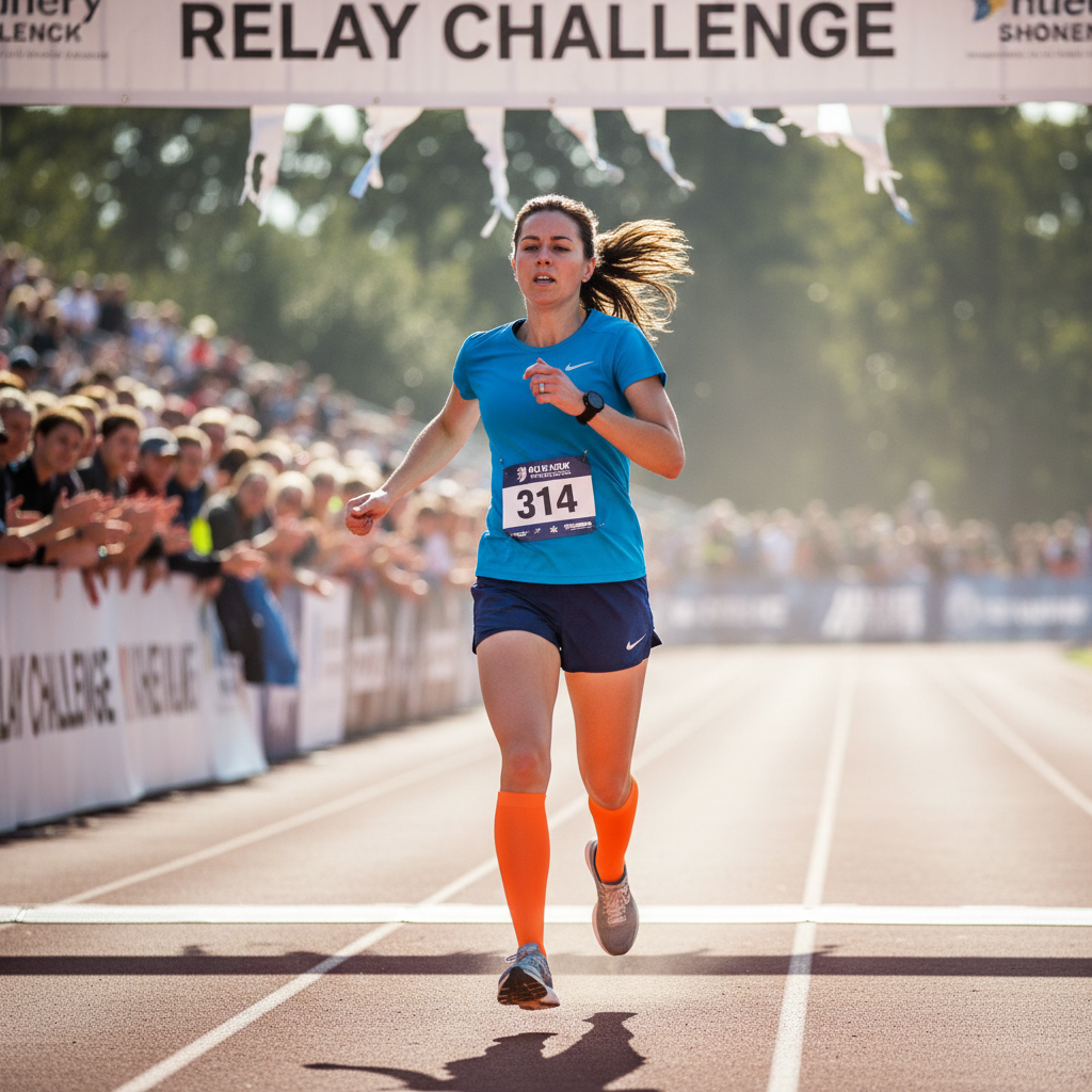 Priya Nair, product manager and relay team runner, wearing race bib at finish line
