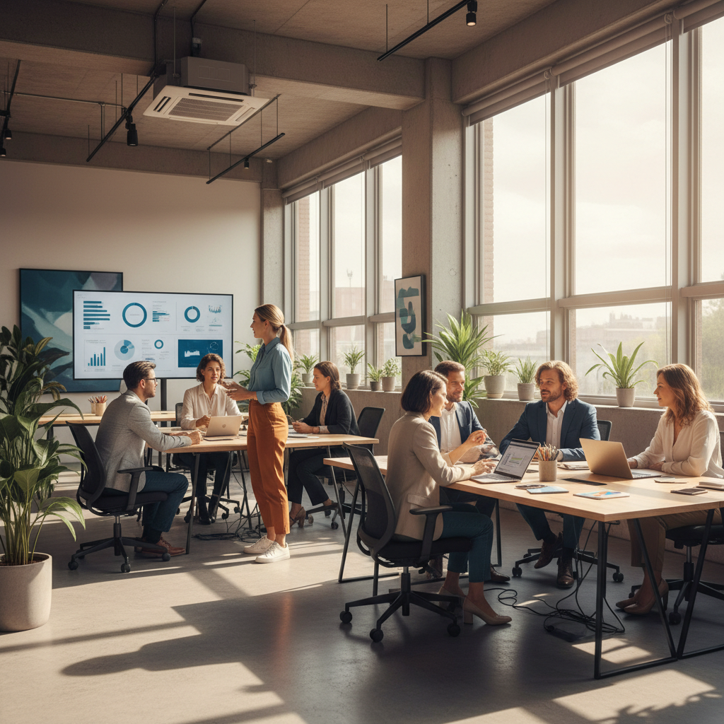 Professional team collaborating in a bright, modern office with natural light and green plants