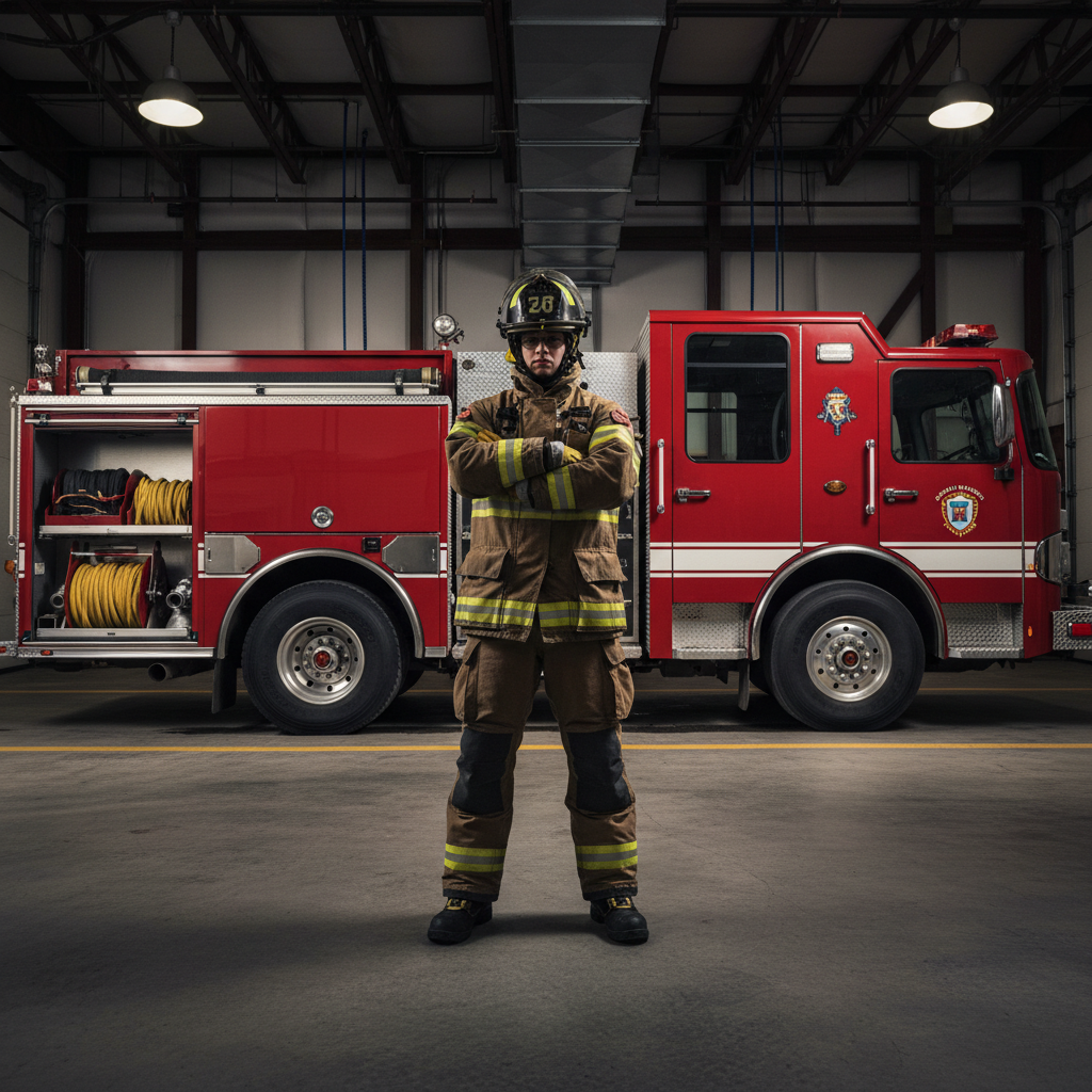 Firefighter in full turnout gear standing in front of fire engine in dimly lit apparatus bay