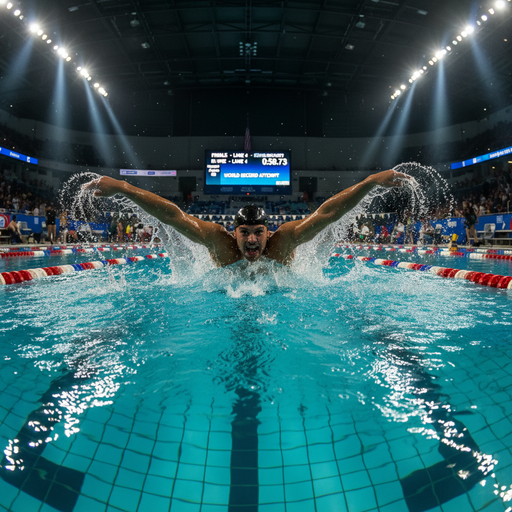 Competitive swimmer racing in championship pool, scoreboard visible in background, lane ropes under competition lighting