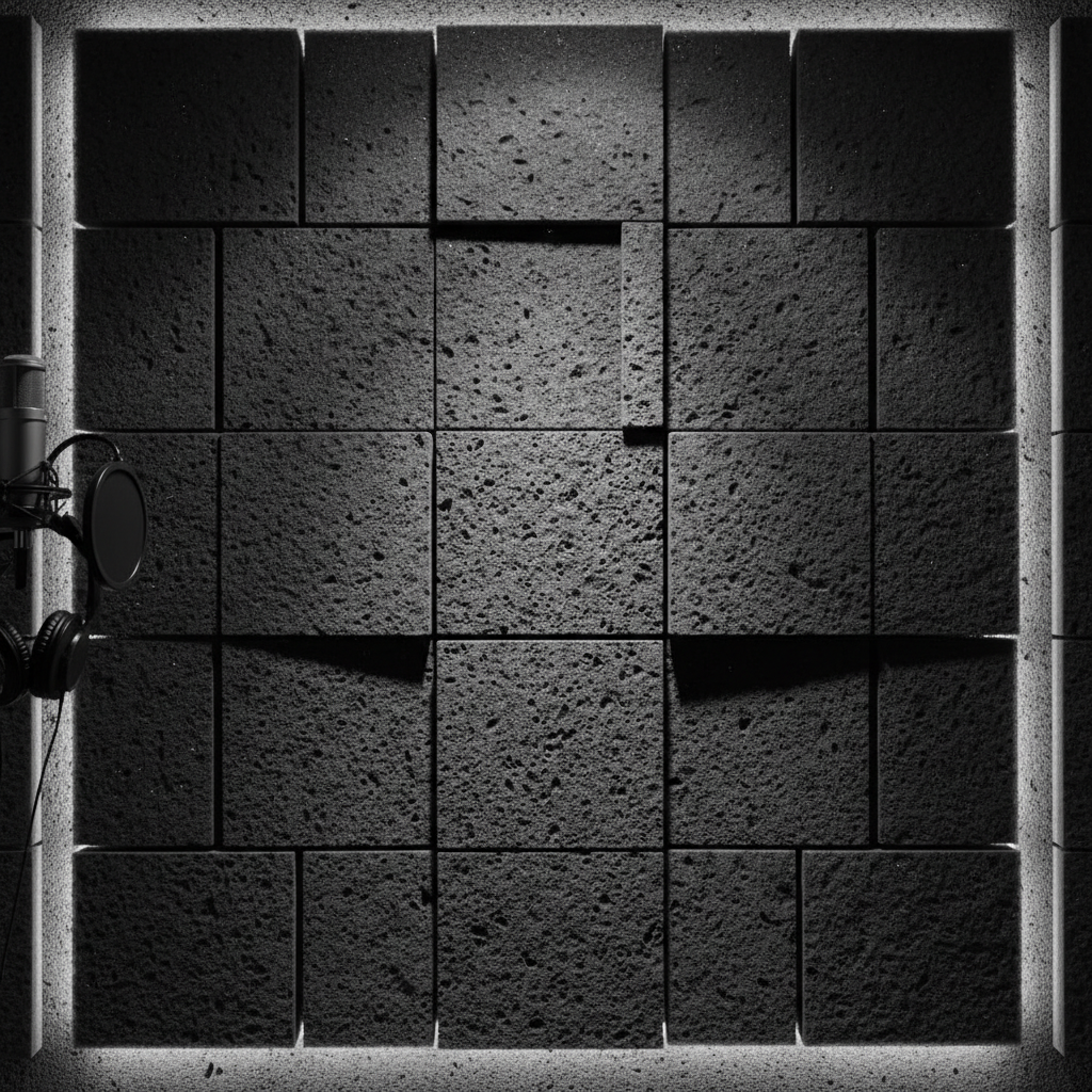 Professional acoustic treatment panels on dark studio walls, diffusers and absorbers in well-lit recording space