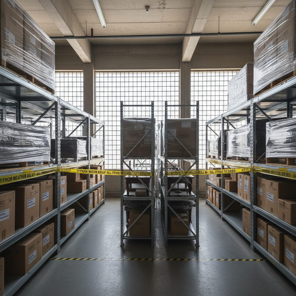 Secure moving warehouse storage facility with organized boxes and furniture safely stored during typhoon weather delay