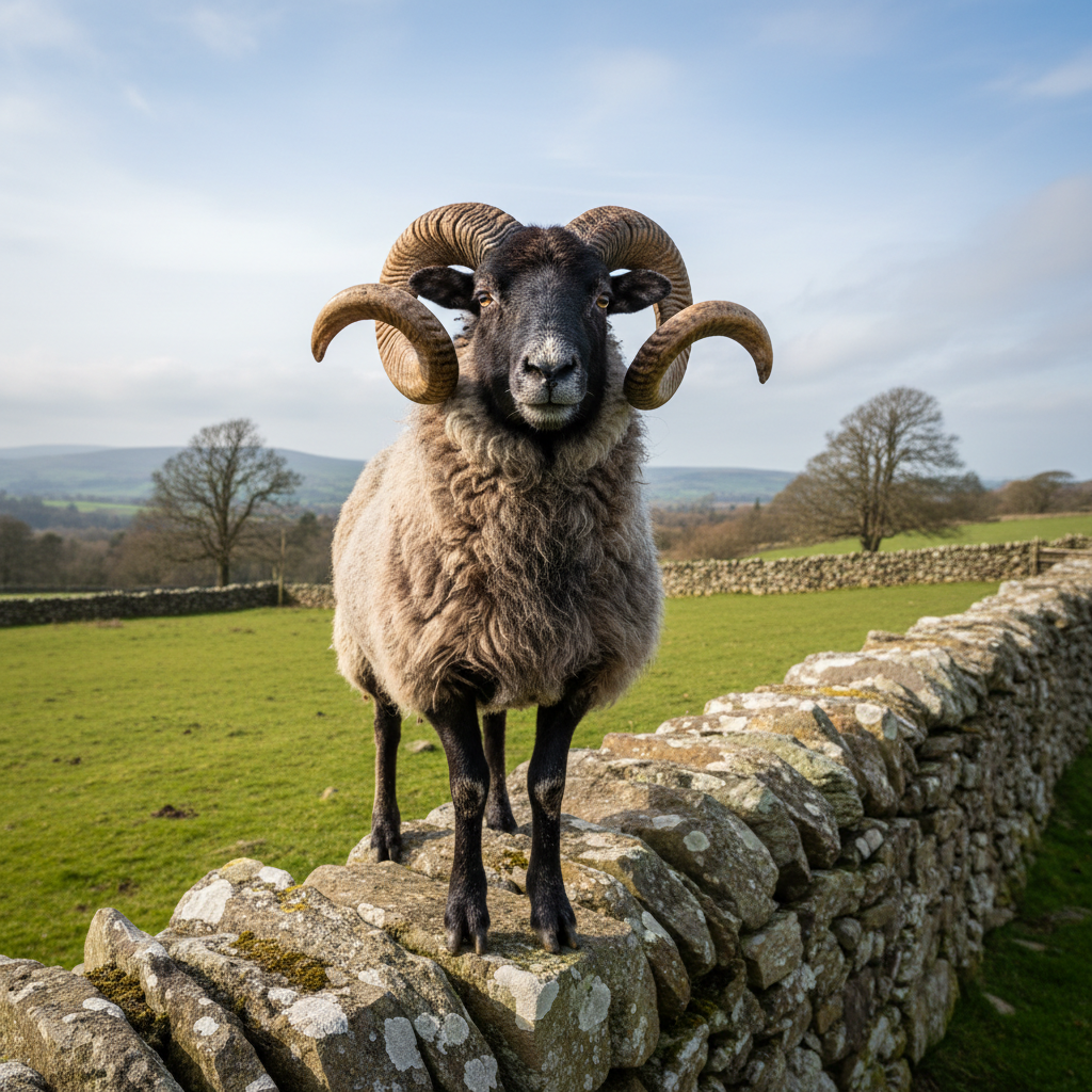 Arthur, a dark-faced Herdwick ram with curled horns, standing proudly on a stone wall