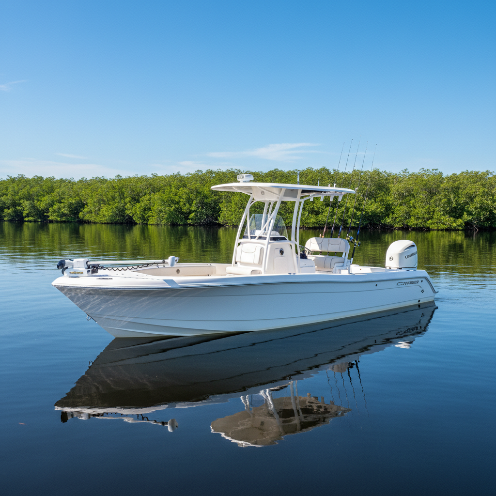 Contender 25 bay boat sold at auction, white hull and T-top, Florida bay background