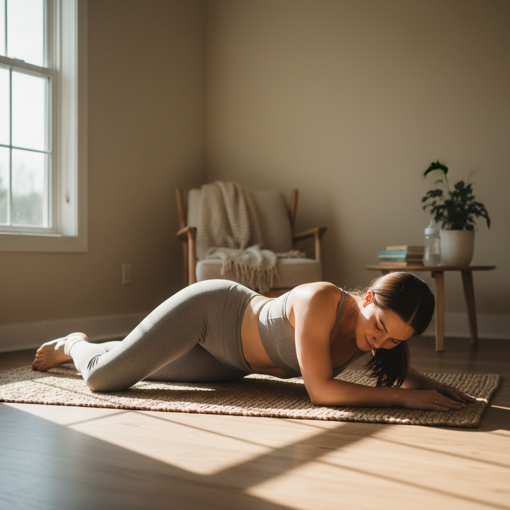 Person repeating a floor exercise on a yoga mat at home