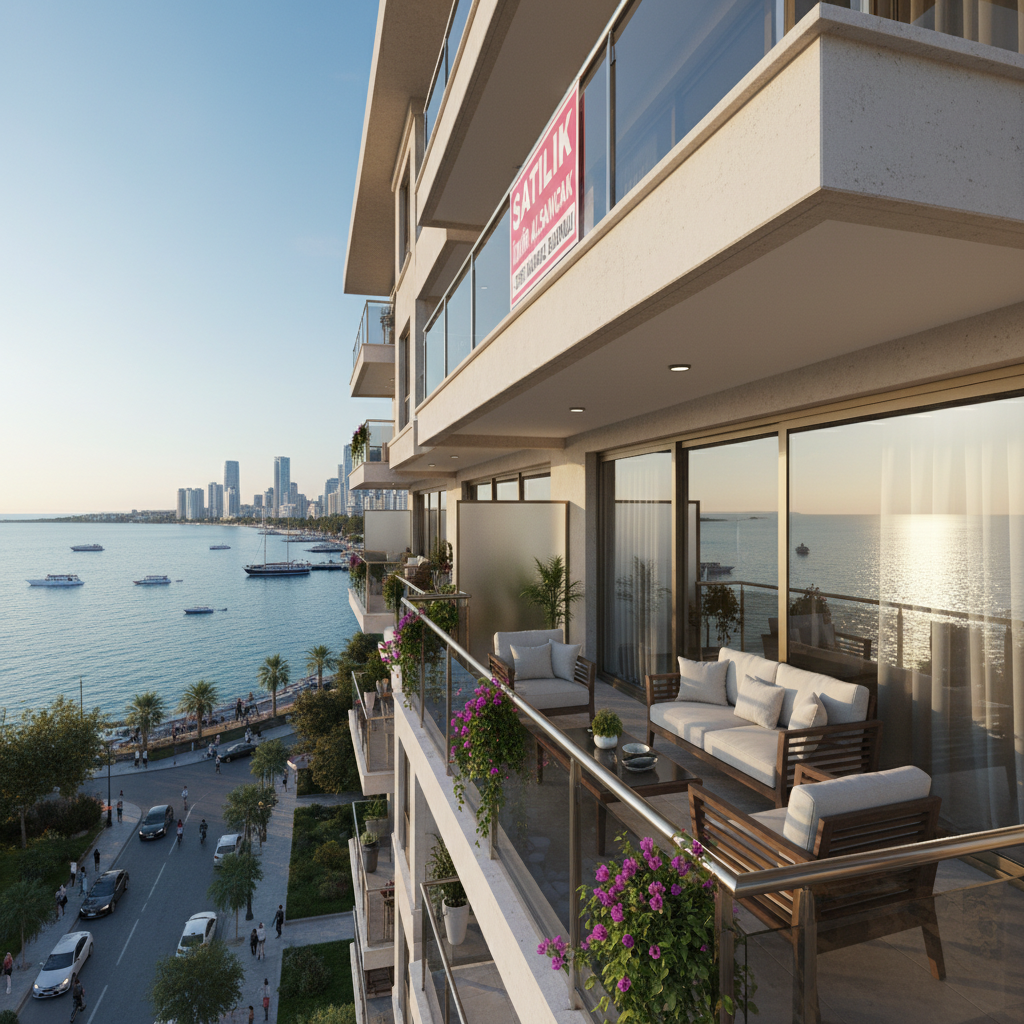 Luxury apartment balcony with outdoor furniture, bright sunny day, city view