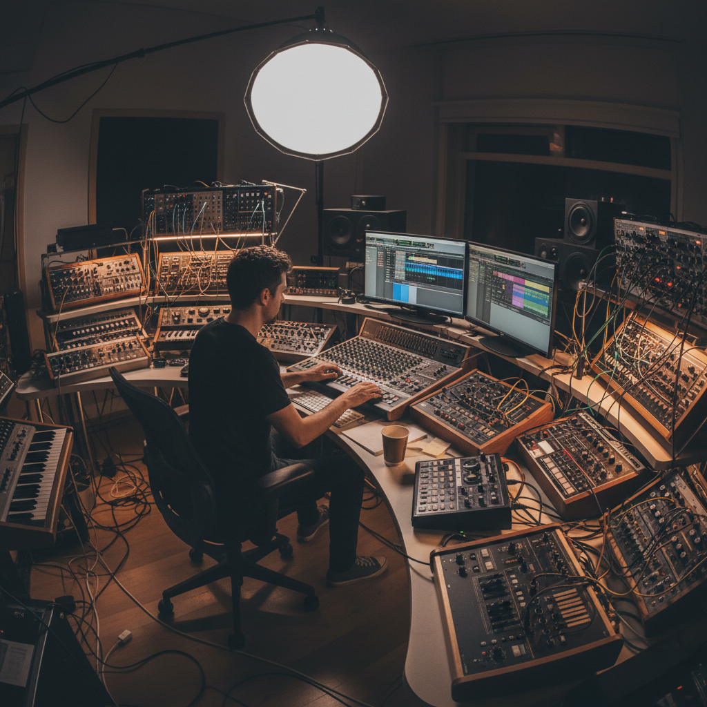 Electronic music producer working with synthesizers and computers in a acoustically treated studio