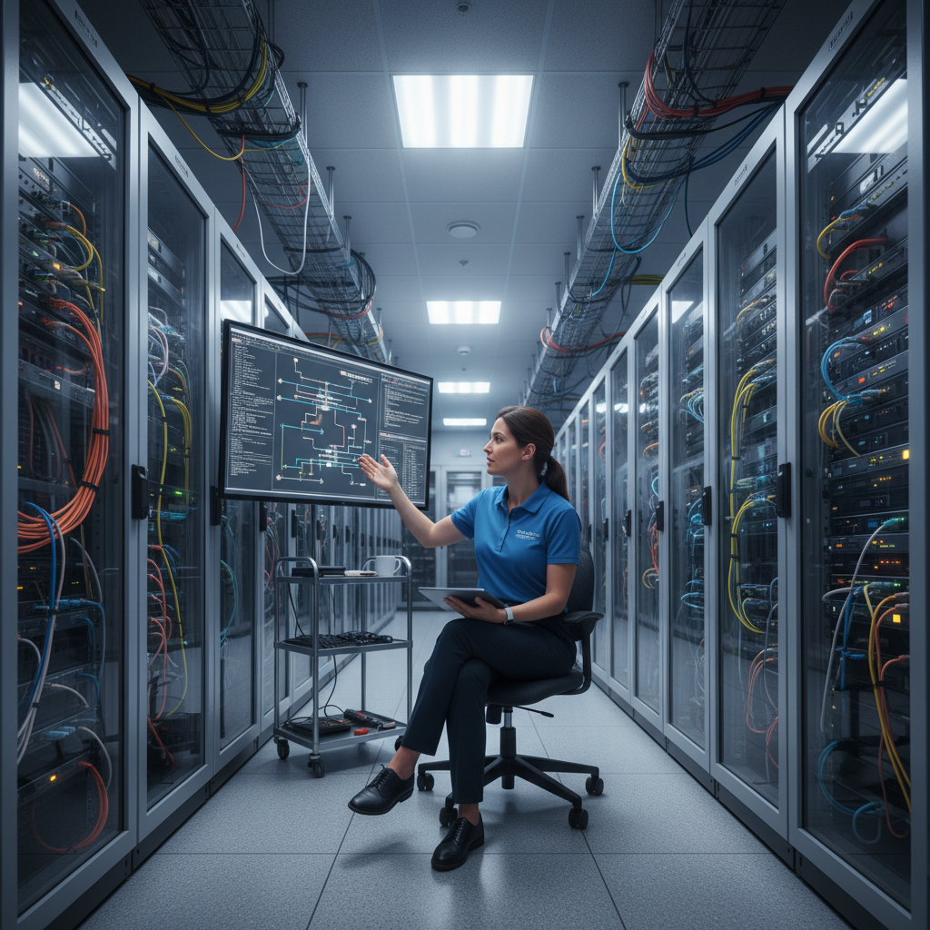 Network engineer reviewing redundant network paths and failover configurations in a data centre