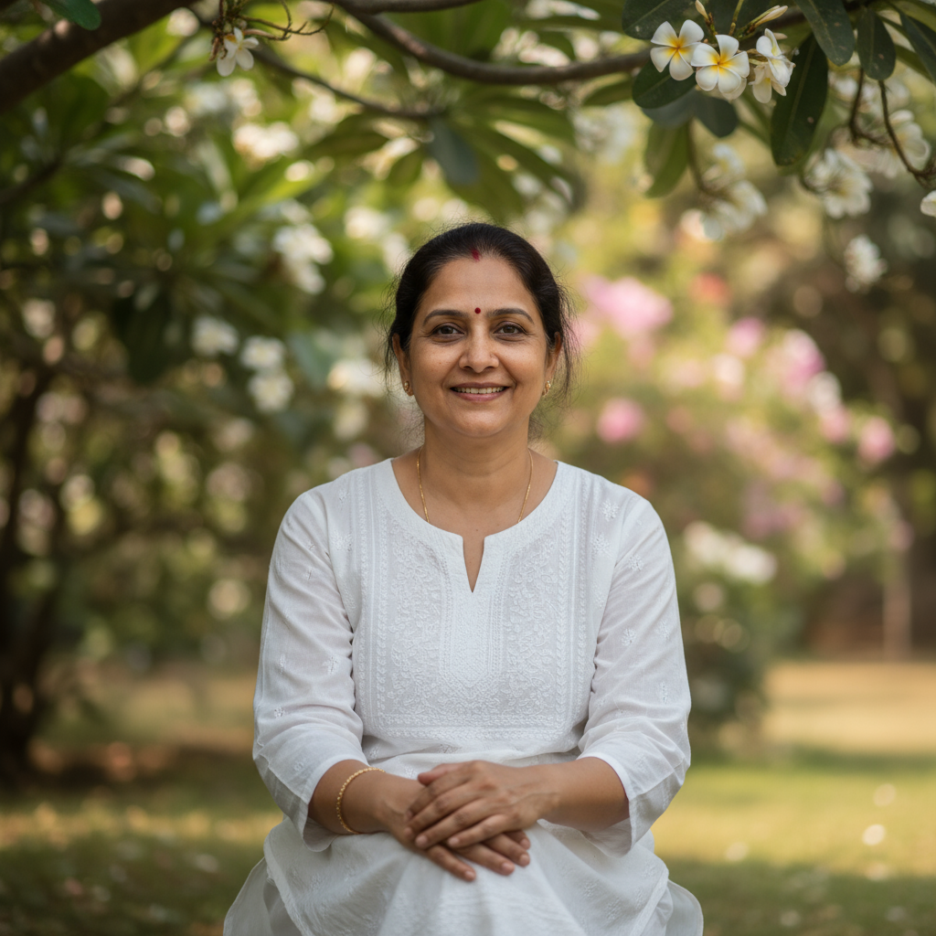 Indian mother in traditional saree smiling warmly at camera in home setting