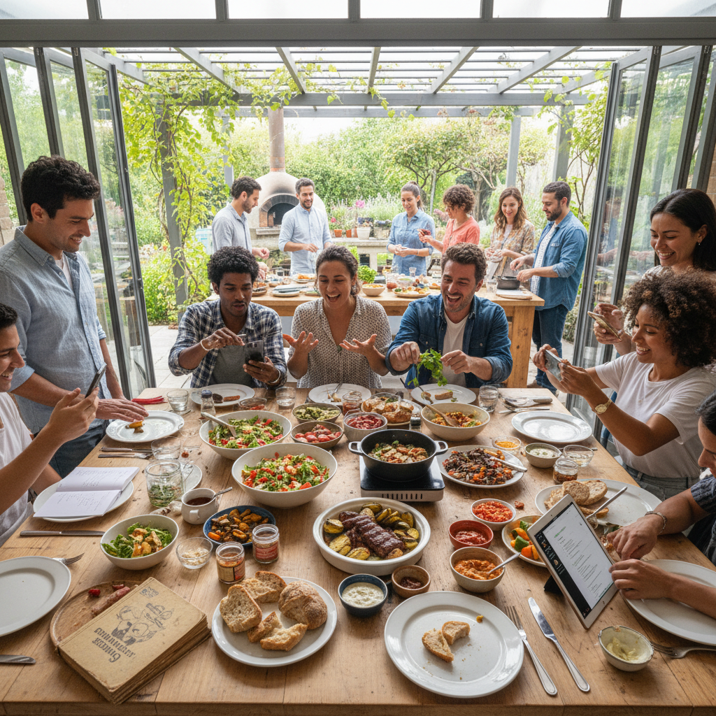 Long wooden table with friends sharing many small plates and wine glasses