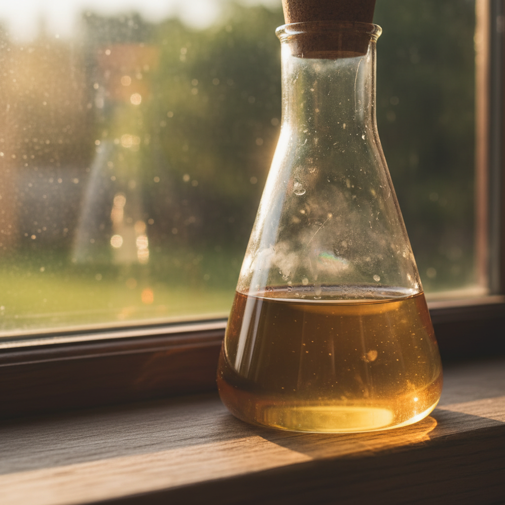 Borosilicate glass flask catching afternoon light on a windowsill
