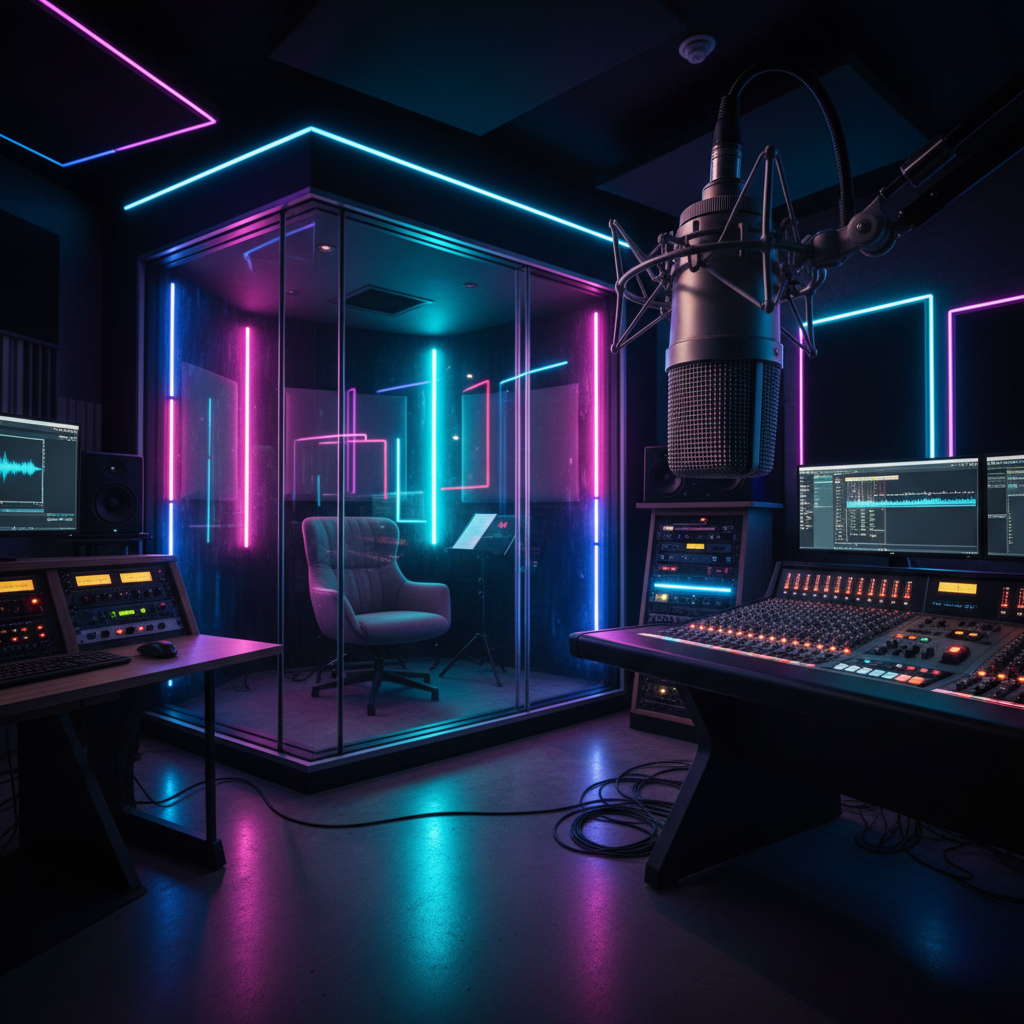 Dark professional recording studio with Neumann microphone, neon strip lighting reflecting off iso booth glass