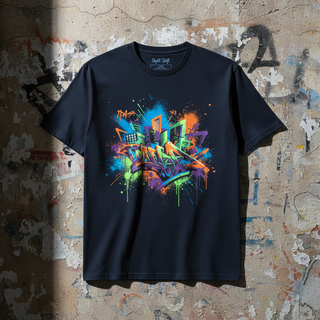 White graffiti graphic tee flat lay, dark background, street art inspired design