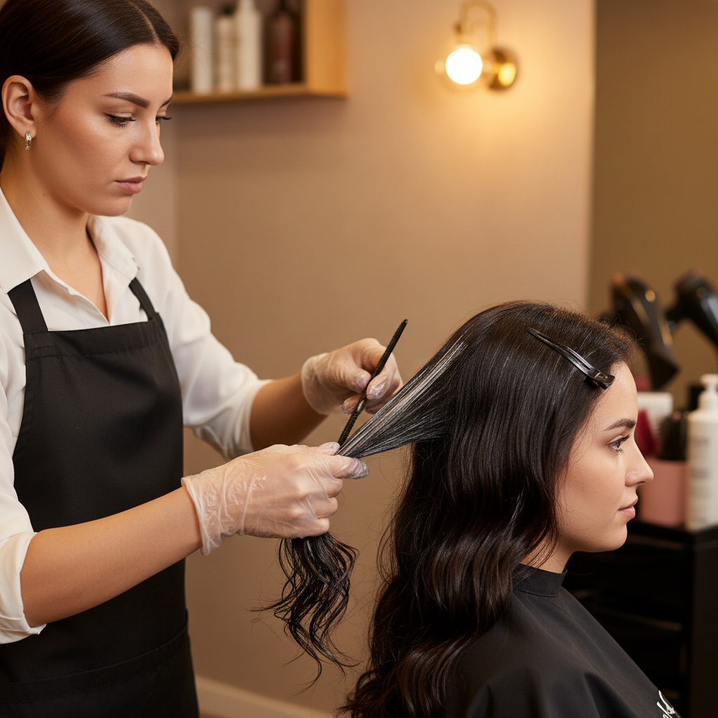 Stylist applying keratin treatment to hair in warm salon