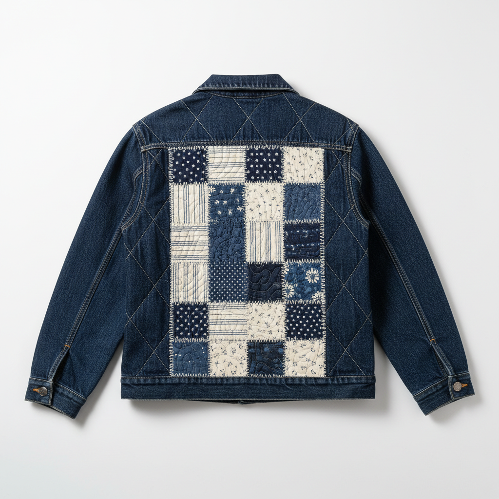 One-of-a-kind hand-quilted denim jacket with patchwork back panel in indigo and white