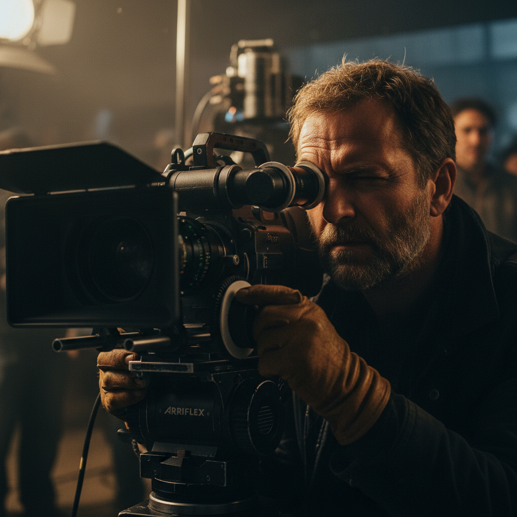 Film director looking through camera viewfinder in dim studio, atmospheric low-key lighting