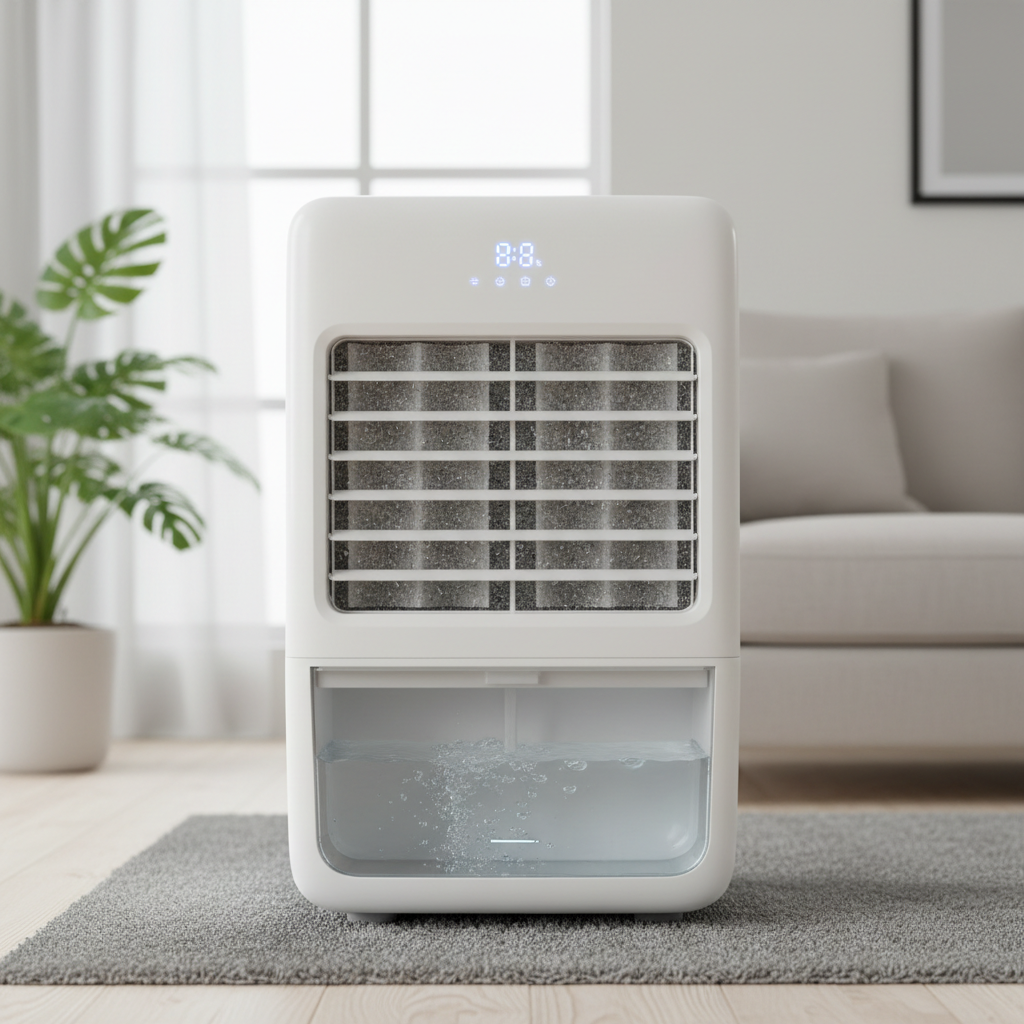Stylish white evaporative air cooler with modern design in a living room